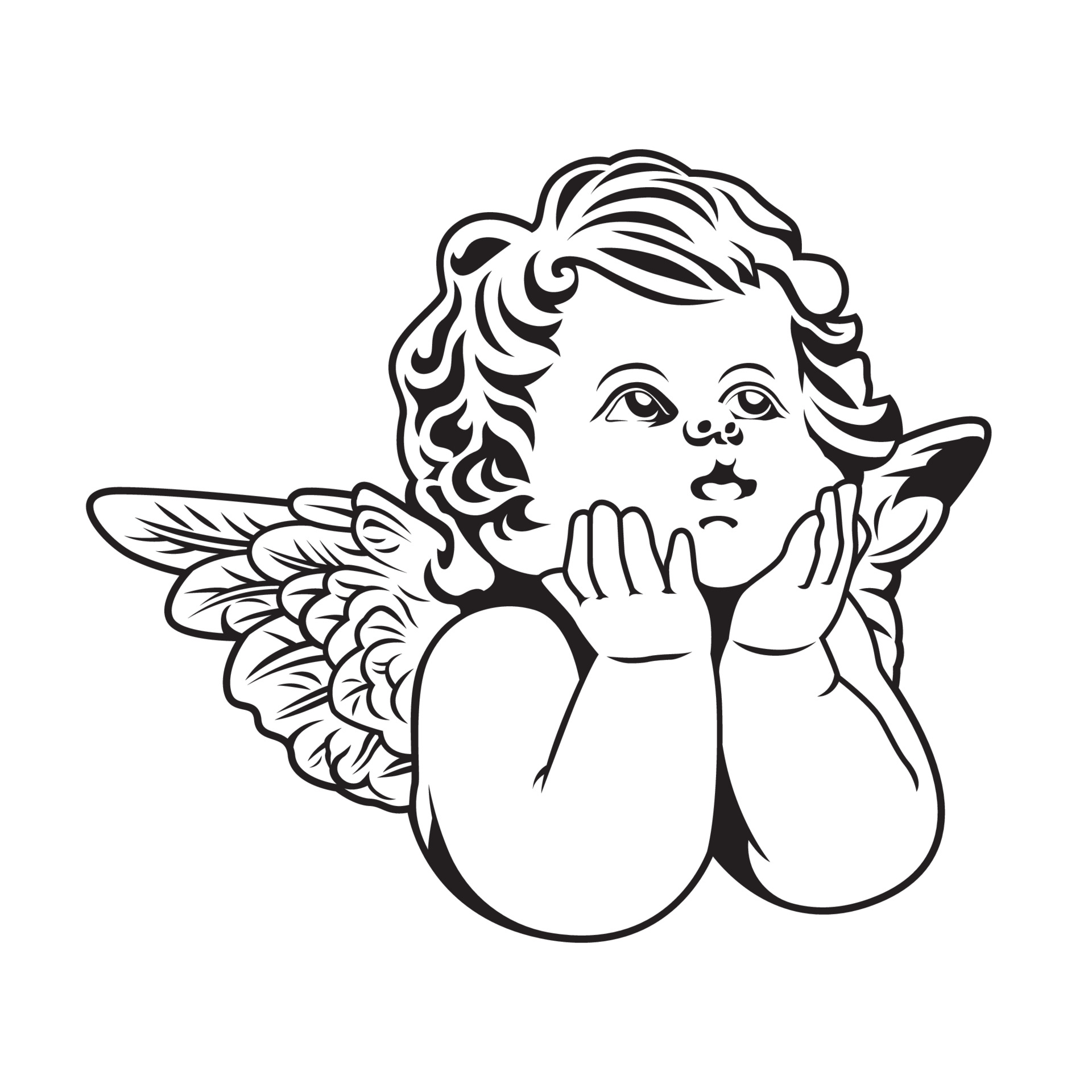 Illustration of a cherub resting its chin on its hand, cradling a heart, reclining on a cloud